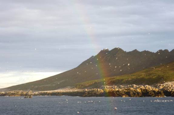 Um arco-íris nos recebe em Steeple Jason, no noroeste das Ilhas Malvinas